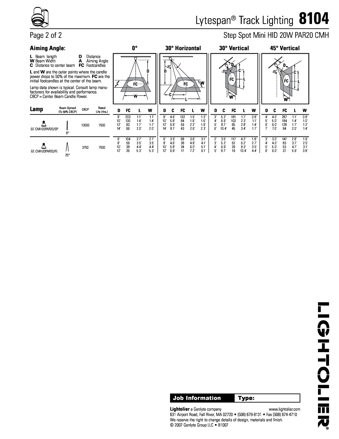 Lightolier 8104 Page of, Aiming Angle, Horizontal, Vertical, Lytespan Track Lighting , Step Spot Mini HID 20W PAR20 CMH 